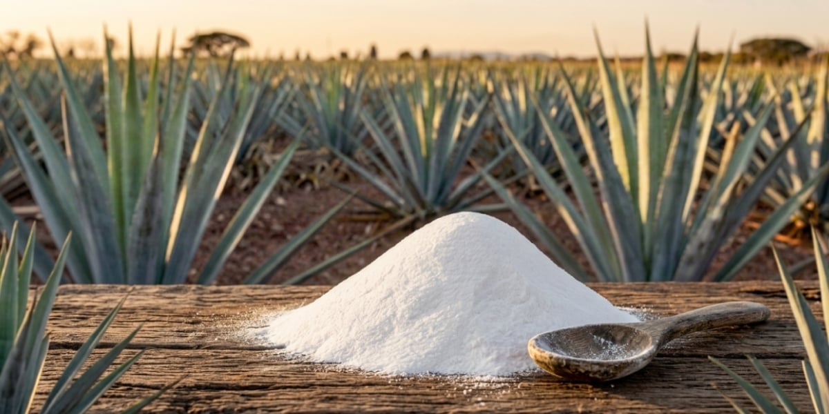 Pile of white salt on wooden surface with agave plants growing in field behind it